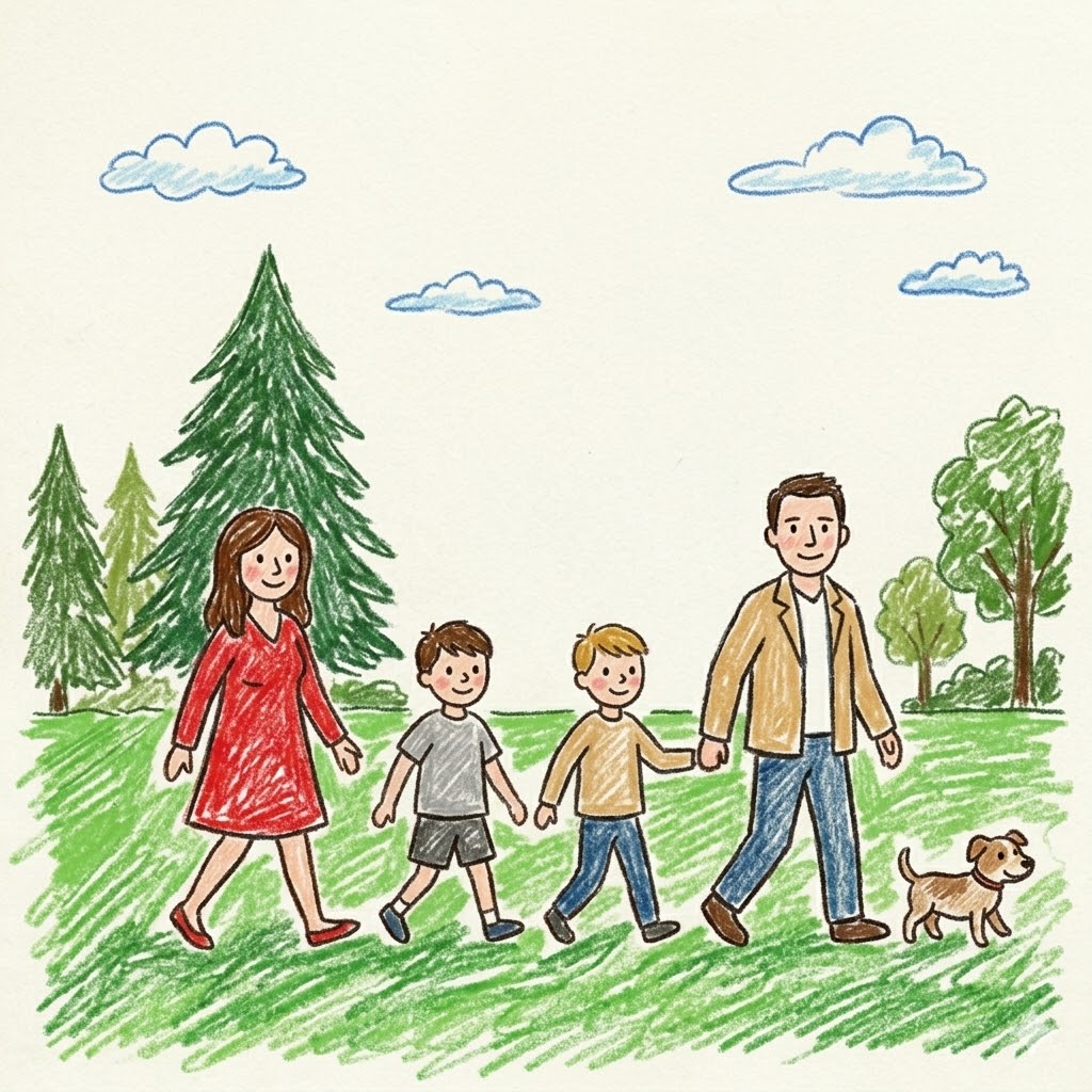 Illustration of Leo walking with his two boys and the family dog
