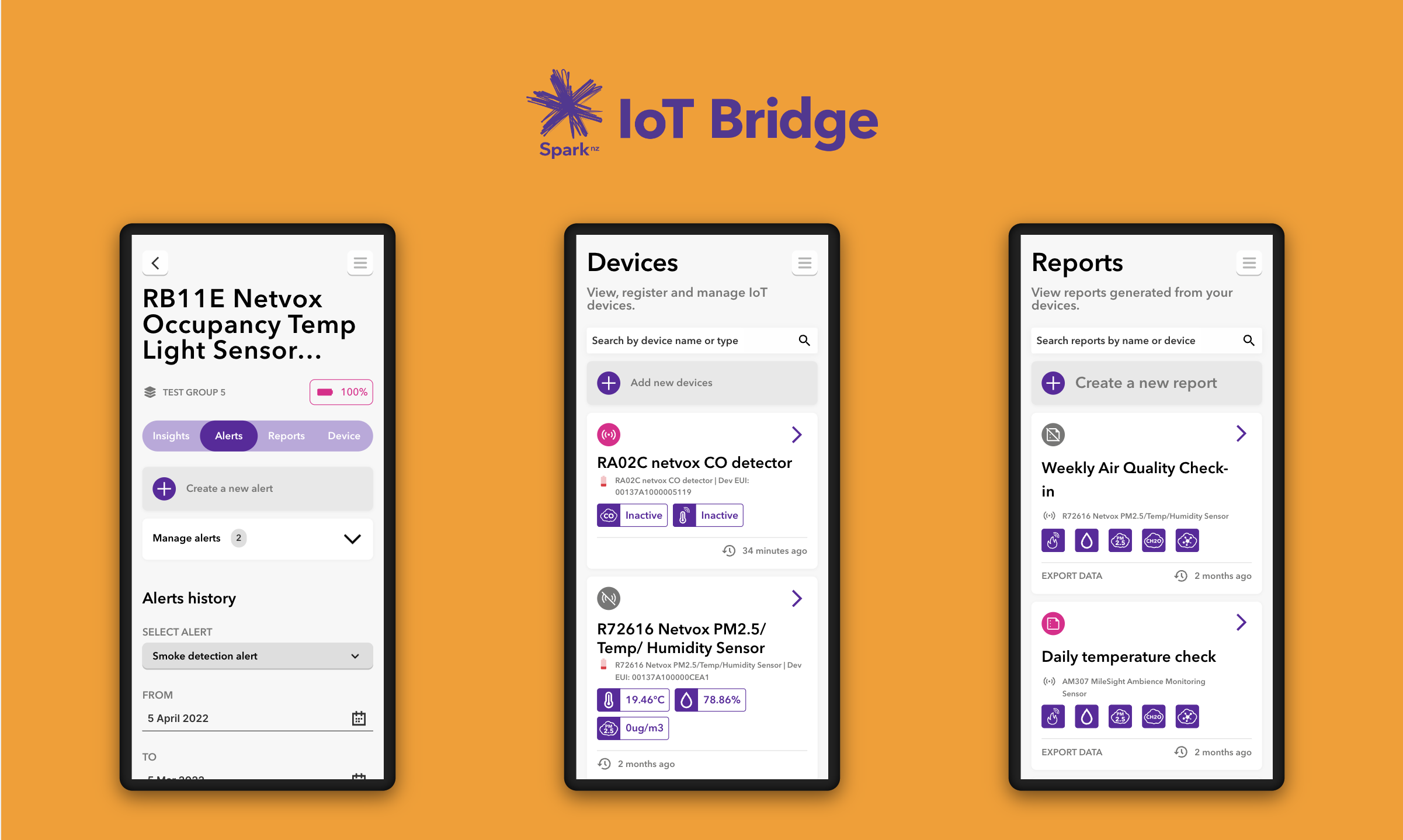 The mobile IoT Bridge experience: alert management, device search and registration, and air-quality reports.