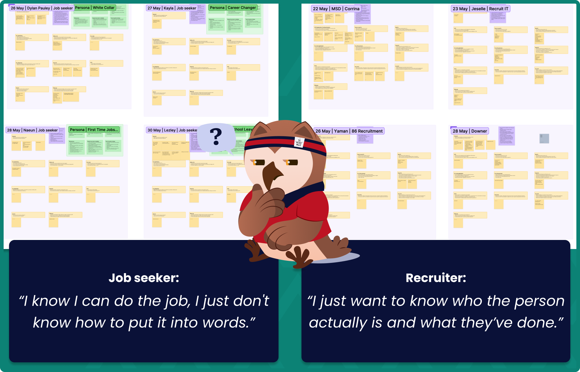 Journey-mapping workshop boards across the four recruitment stages, with quotes from a job seeker and a recruiter.