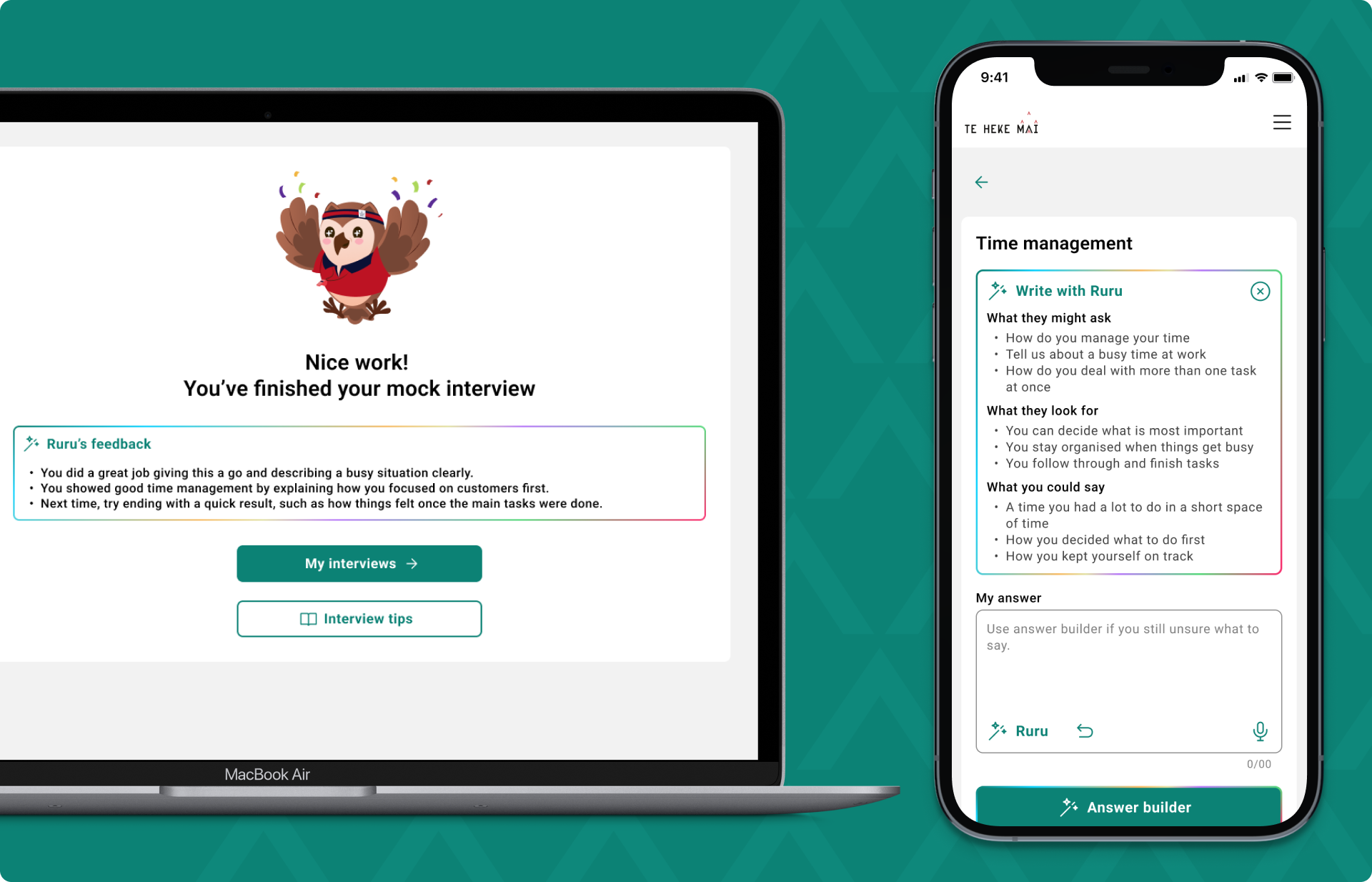 Ruru providing mock-interview feedback on desktop and a Write-with-Ruru answer builder on mobile.